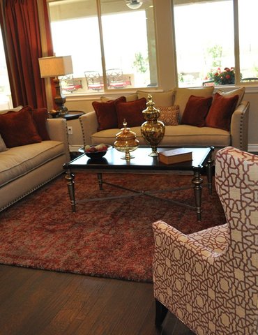 Living room with red rug